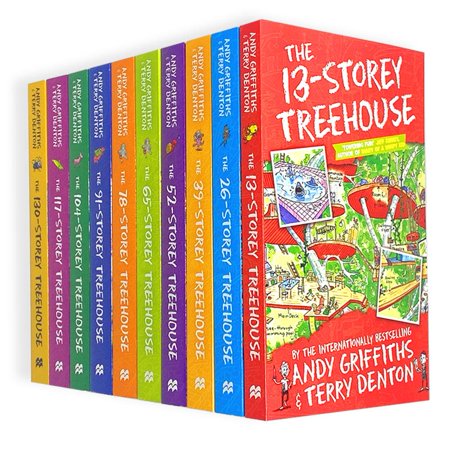 Colorful collection of ten children's books featuring vibrant covers with whimsical illustrations, titled "The Treehouse Storey Books 1-10" by Andy Griffiths and Terry Denton.