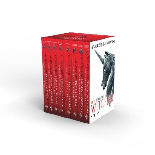 Boxed set of "The Witcher" series by Andrzej Sapkowski, featuring red spines with white text and a unicorn illustration, containing three paperback books: "The Last Wish," "Sword of Destiny," and "Blood of Elves."