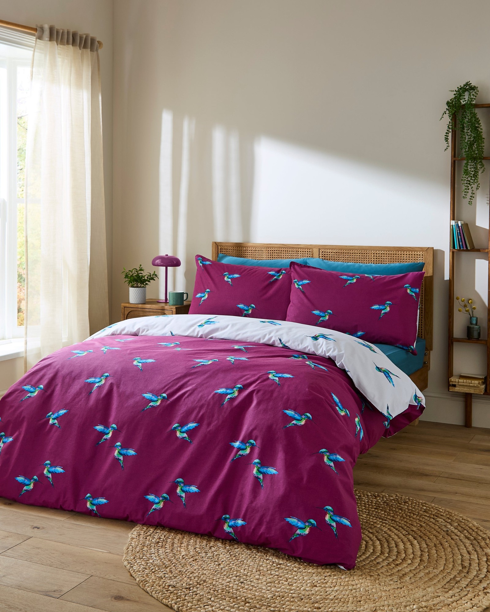 Their Nibs Their Nibs, Cotton Reversible Duvet Set Plum Hummingbird, King