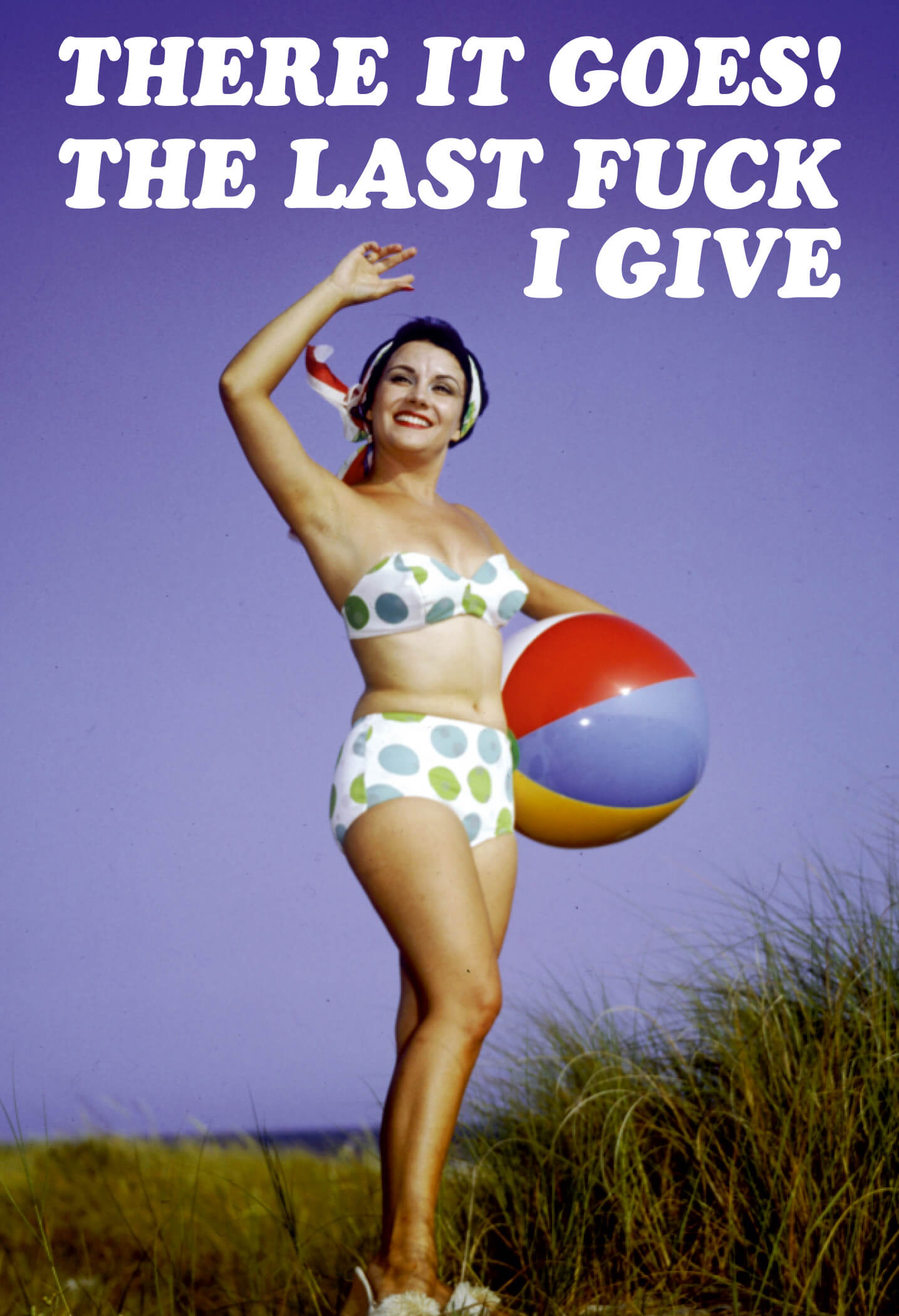 A colorful fridge magnet featuring a retro-style woman in a polka dot bikini holding a beach ball, with the text "THERE IT GOES! THE LAST FUCK I GIVE" in bold white letters.