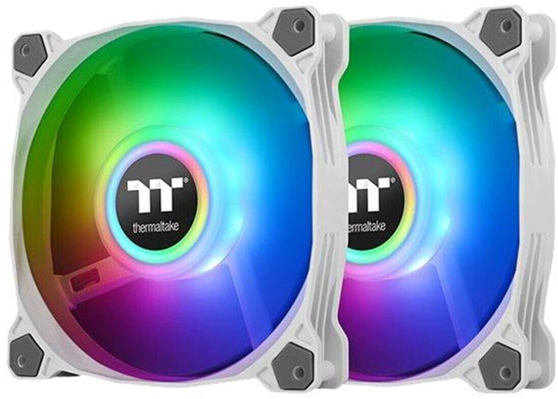 Two 14 cm Thermaltake Pure Duo fans in white, featuring vibrant RGB lighting around a black central hub with the Thermaltake logo, designed for universal compatibility.