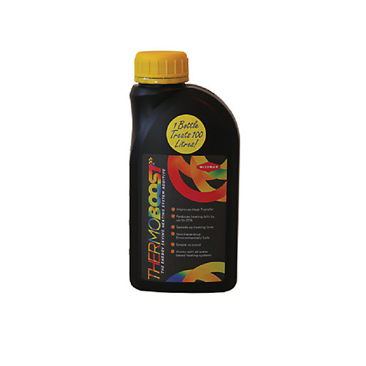 Black plastic bottle with a yellow cap, labeled "THERMOBOOST Energy Saving Additive 500ml," featuring colorful graphics and text detailing its benefits and usage instructions.