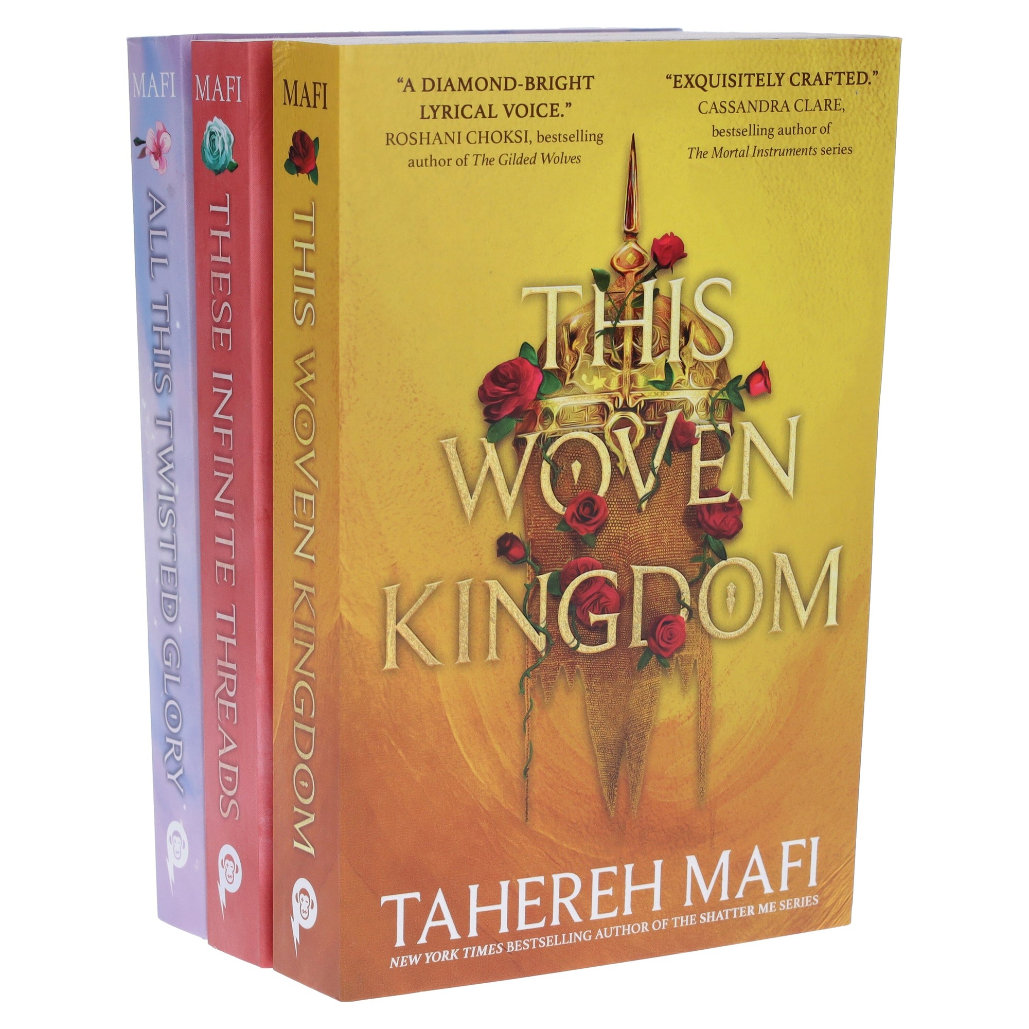 Three hardcover books in a set, featuring vibrant yellow and red covers with floral designs; titles include "This Woven Kingdom," "All This Twisted Glory," and "These Infinite Threads."