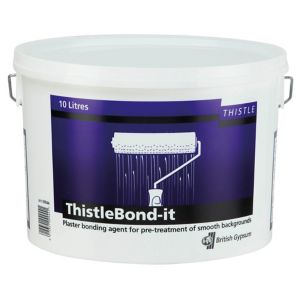 White plastic bucket labeled "ThistleBond-it" with a purple band, containing 10 liters of plaster bonding agent, featuring an illustration of a roller and water droplets.