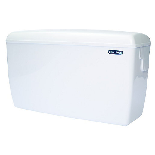White thermoplastic high-level cistern with a sleek design, featuring a smooth surface and a rounded top, labeled "dauntless" on the front, with a 4.5L capacity.