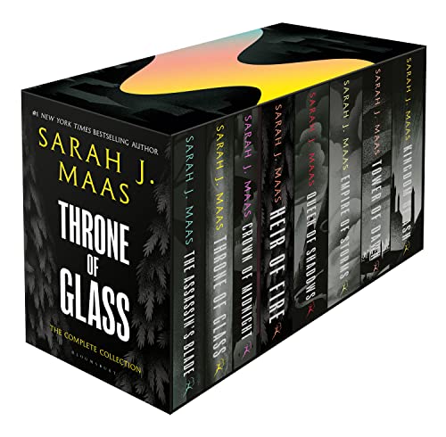 Throne of Glass box set by Sarah J. Maas featuring eight paperback books with a black cover and colorful spine designs, showcasing the complete collection.