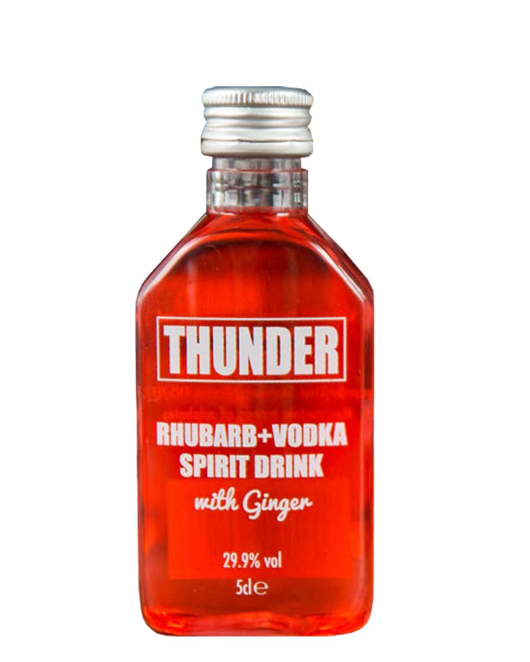 Thunder Rhubarb & Ginger Vodka Miniature, 5 Cl, features a clear glass bottle with a silver cap, filled with vibrant red liquid, labeled prominently in white text.