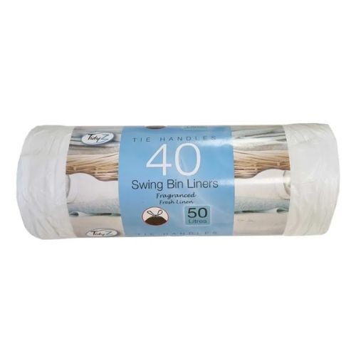 White roll of Tidy 40 Z Tie Handles Swing Bin Liners, featuring a lemon fragrance, with 50 liners designed for 50L bins, showcasing a clear label and tie handles.