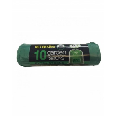 Roll of 20 green industrial garden bags, each 50L, featuring tie handles and labeled as extra strong for durable outdoor use.