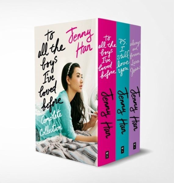 A colorful boxset featuring three books by Jenny Han, with a pink and blue cover design, showcasing the title "To All the Boys I've Loved Before" and an illustration of a girl in a cozy setting.