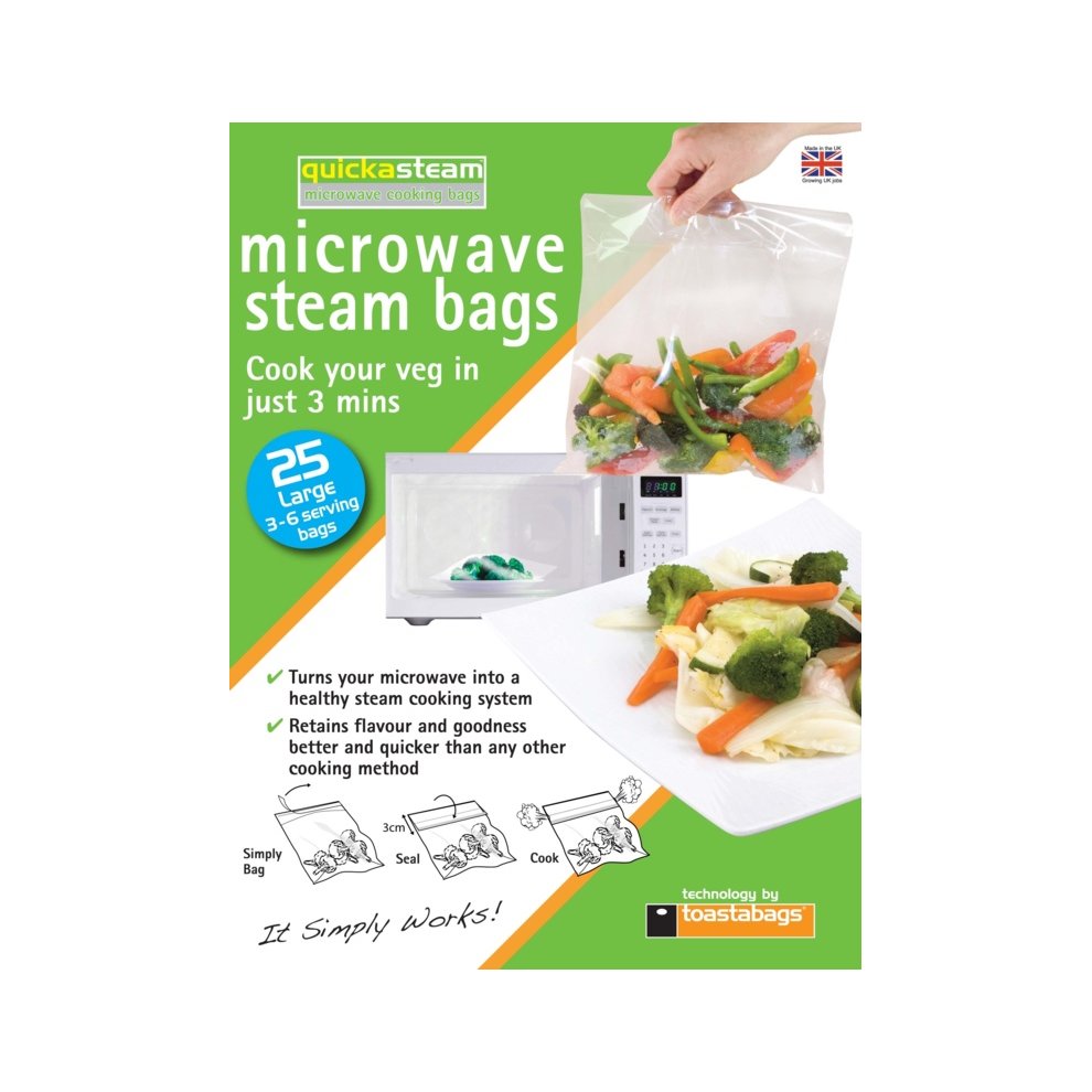 Large, clear steam bags for microwaving, featuring a green and white design, with text highlighting cooking vegetables in just 3 minutes; includes 25 bags in the pack.