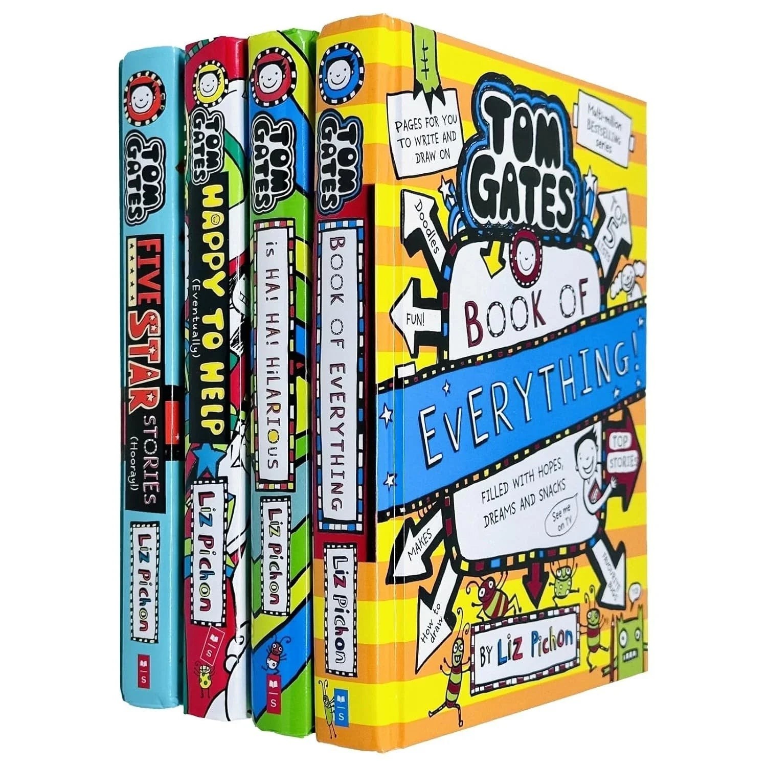 Colorful Tom Gates Series 4 book set featuring five titles, including "Book of Everything," with playful illustrations and bold text on sturdy covers, ideal for young readers.