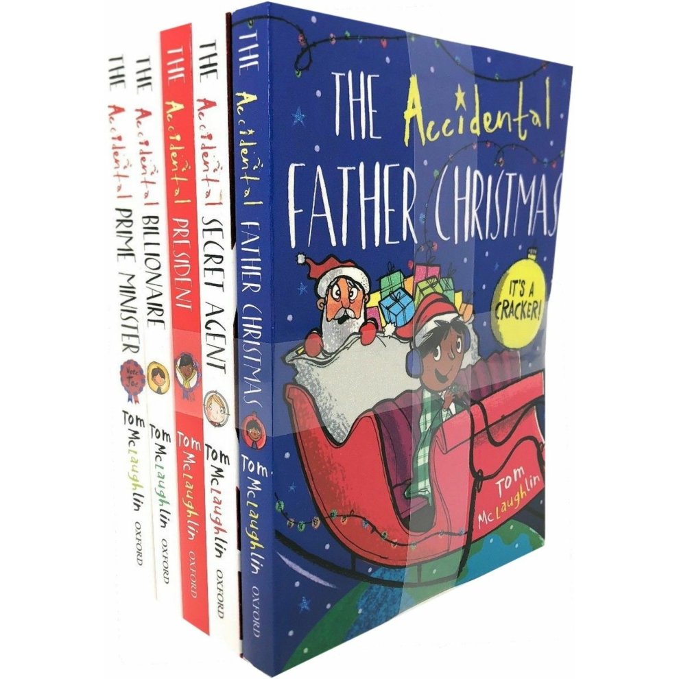 Five colorful paperback books from the "Accidental Series" by Tom McLaughlin, featuring whimsical illustrations and titles like "The Accidental Prime Minister" and "The Accidental Rock Star."