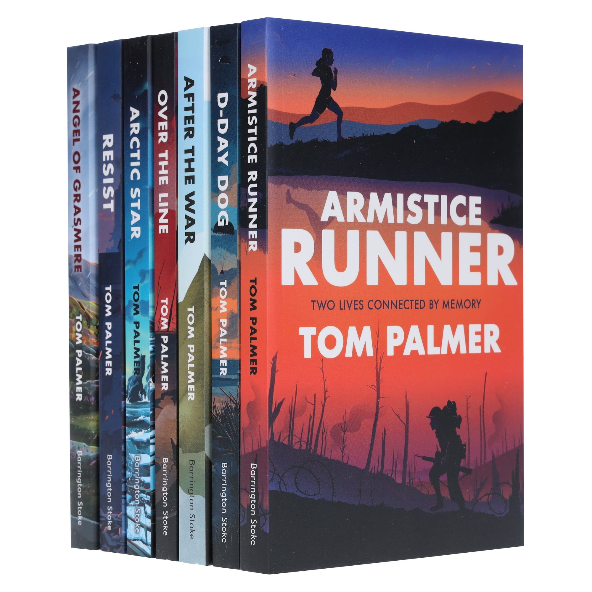 Seven paperback books from the "Tom Palmer Conkers Series," featuring vibrant covers with illustrations, including "Armistice Runner" prominently displayed in red and white.