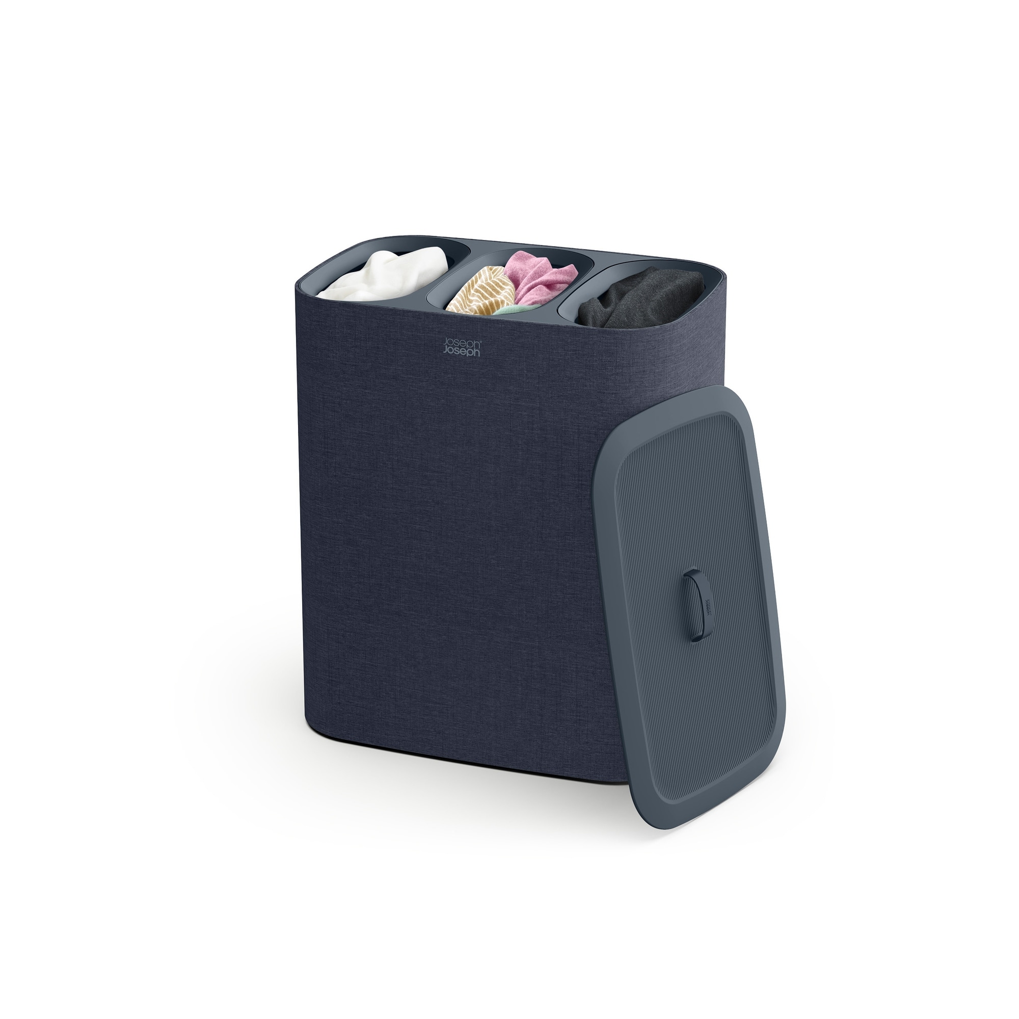 Stylish dark navy laundry basket with three compartments for sorting, featuring a lid and a textured fabric finish, designed for efficient laundry separation.