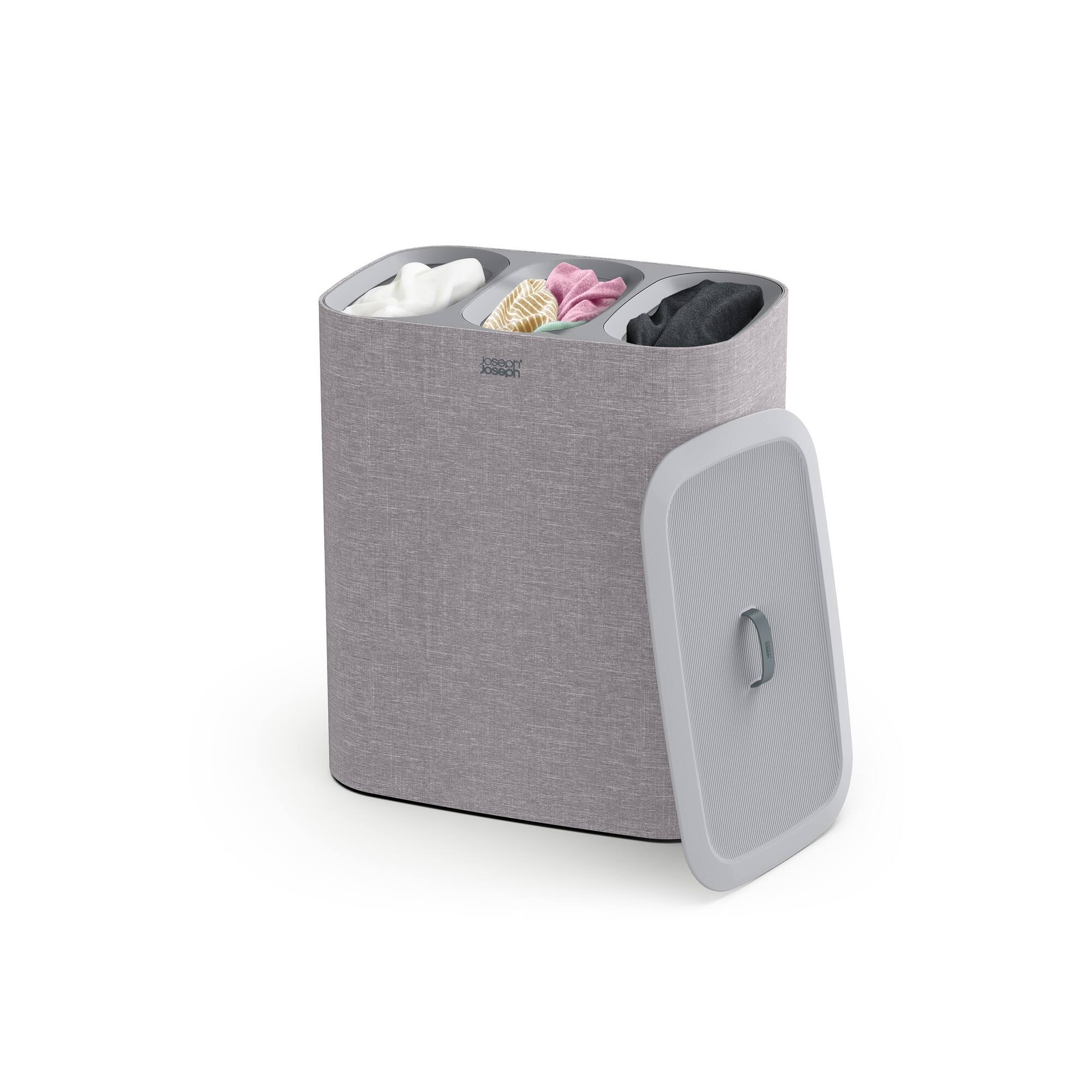 Gray fabric laundry separation basket with three compartments, a removable lid, and a handle, designed for organizing laundry efficiently.