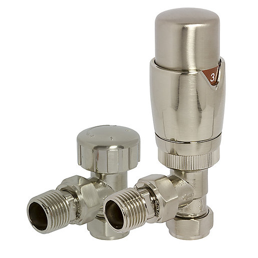 Brass nickel round angled TRV and lockshield valves, featuring a sleek metallic finish, adjustable temperature control, and compact design, measuring 105mm x 65mm.