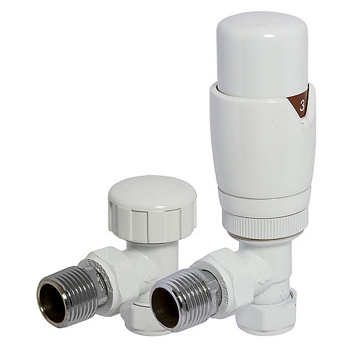 White round angled TRV and lockshield valves with a sleek design, featuring a temperature control dial and threaded connections, measuring 105mm x 65mm.