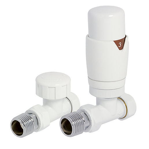 White round straight TRV and lockshield valves by Towelrads, featuring a sleek design with a smooth finish, measuring 105mm x 65mm, ideal for towel radiators.