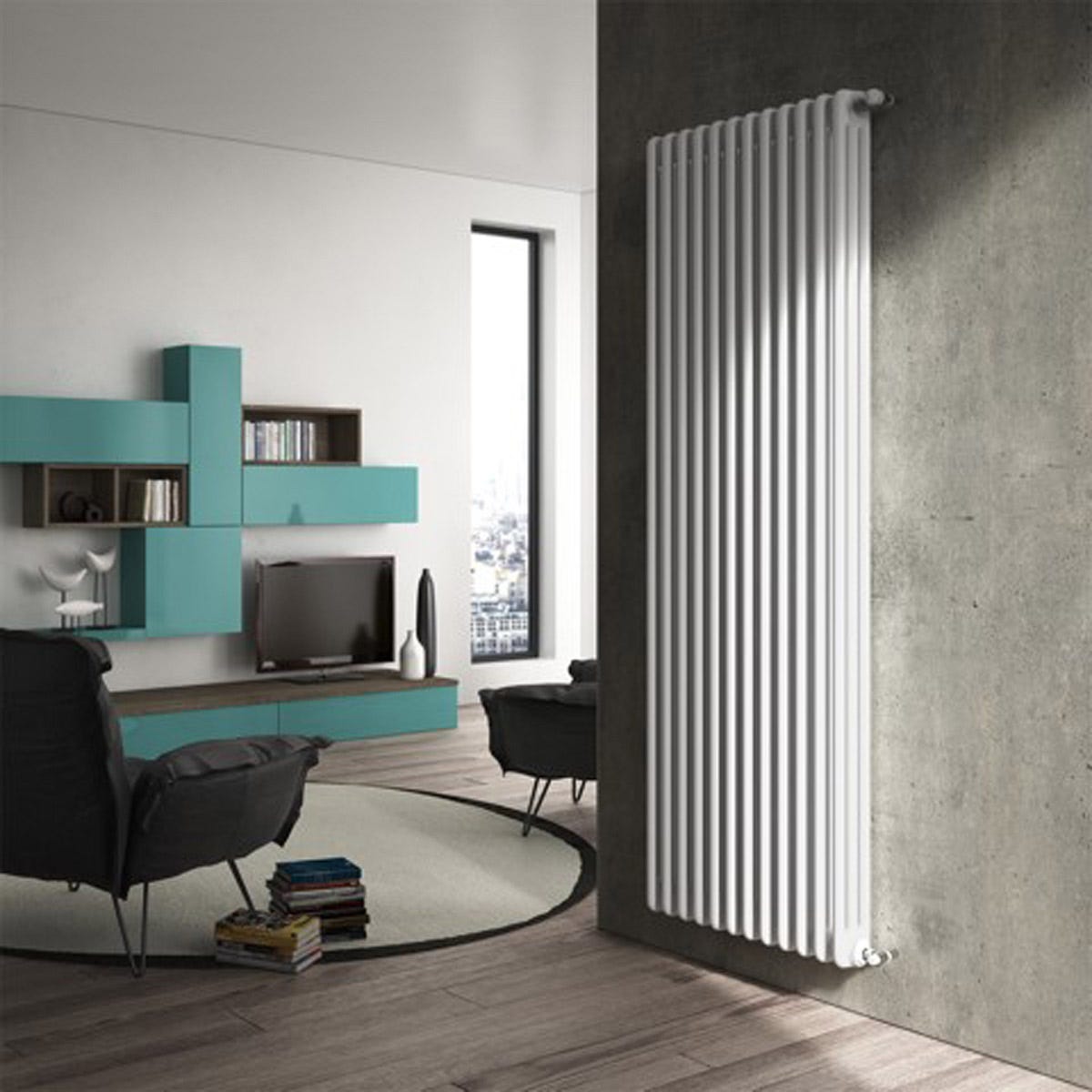 Kensington 3 Column Vertical Radiator in white, measuring 1800x398mm with 8 sections, mounted on a concrete wall in a modern room with stylish furniture.