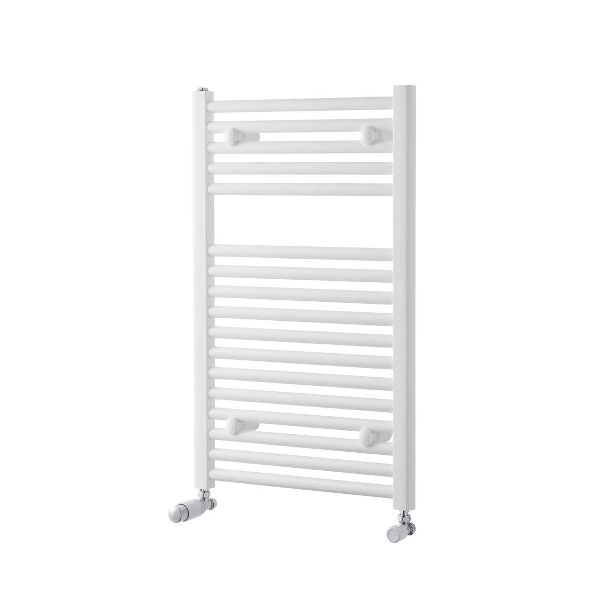 Flat white towel radiator with a sleek design, measuring 1200 x 400mm, featuring multiple horizontal bars for hanging towels and adjustable feet for stability.