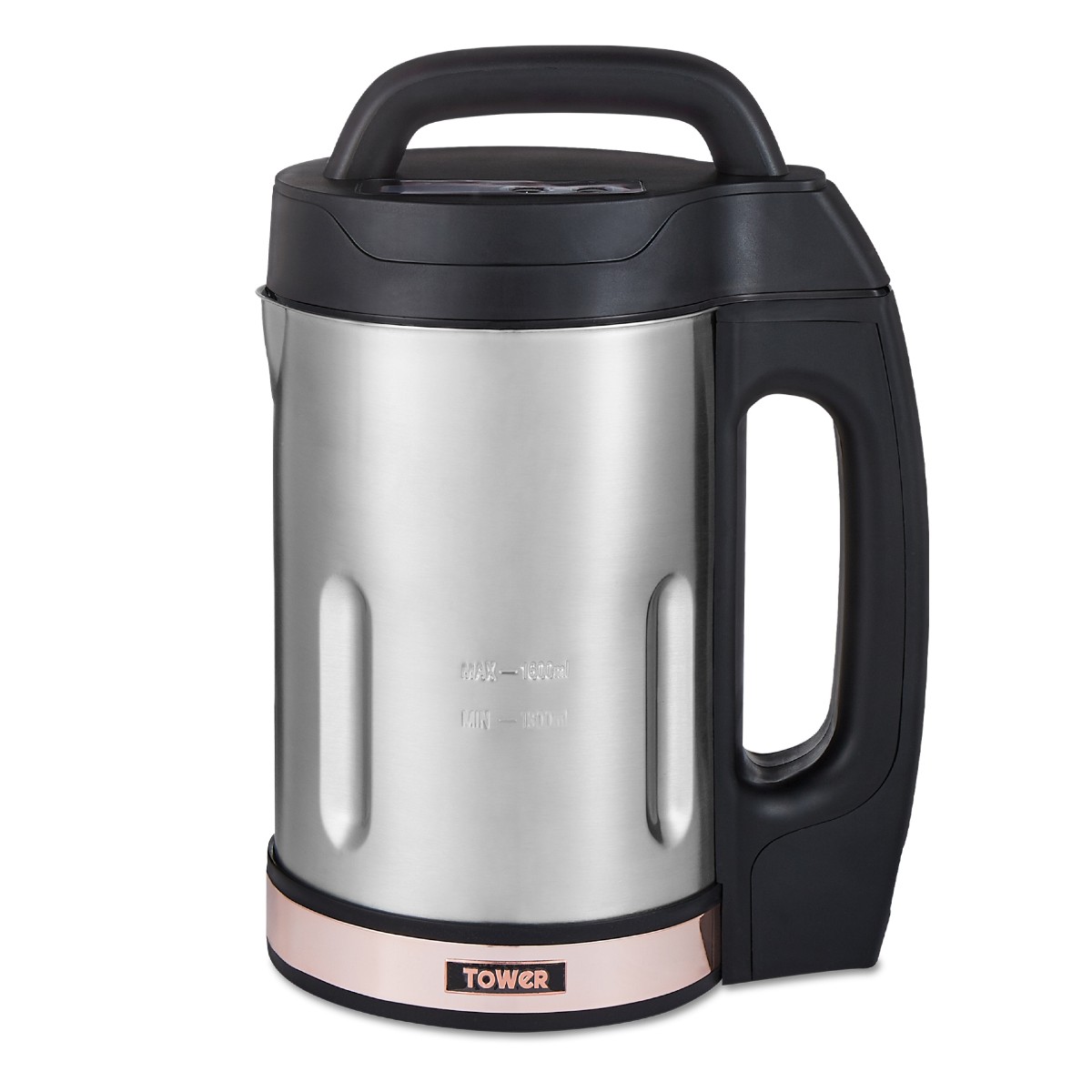 Stainless steel soup maker with a rose gold base, black handle, and lid, featuring measurement markings on the side and a sleek, modern design.