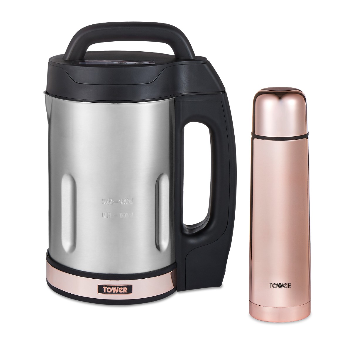 Stainless steel soup maker with a black handle and base, featuring a control panel, accompanied by a sleek rose gold 500ml flask.
