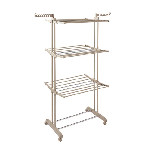 Three-tier garment rack in a latte color, featuring metal construction, slatted shelves for drying clothes, and wheels for easy mobility.