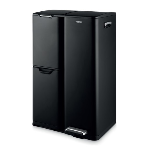 Tower Recycling Pedal Bin in forest green and black, featuring three individual compartments, removable inner buckets, and a durable carbon steel body, with a total capacity of 60L.