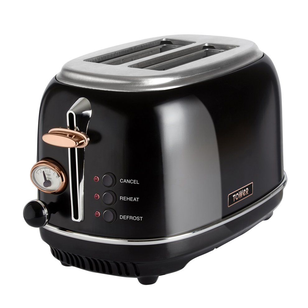 Stainless steel toaster in rose gold and black, featuring two slots, a dial for browning control, and buttons for cancel, reheat, and defrost functions.