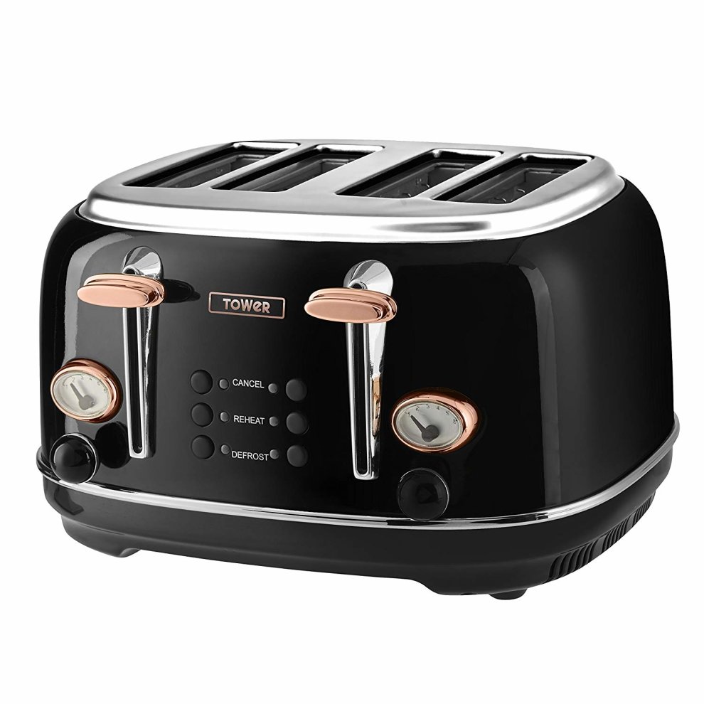 Tower Bottega 4-slice toaster in stainless steel with a rose gold and black finish, featuring dual control levers, a cancel button, and a defrost function.