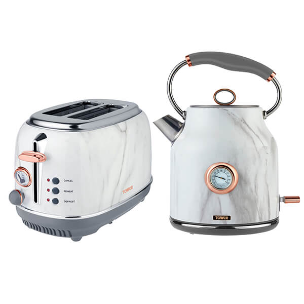 Marble-patterned kettle and 2-slice toaster set in silver and grey, featuring rose gold accents, a temperature gauge, and multiple settings on the toaster.