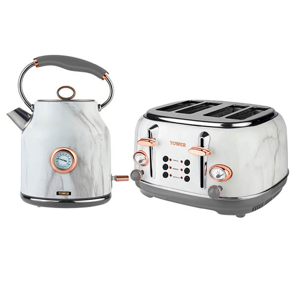 Marble-patterned kettle and four-slice toaster set in white and grey, featuring rose gold accents and dials for temperature and browning control.