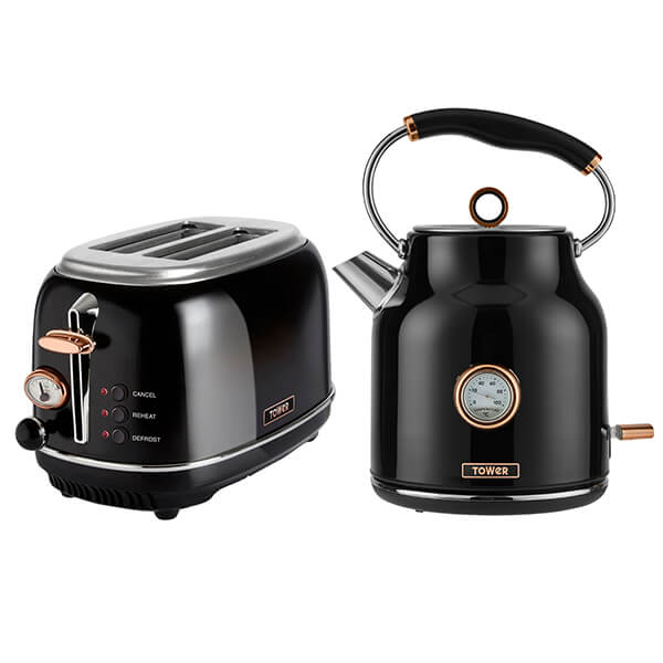 Black kettle and two-slice toaster set by Tower, featuring rose gold accents, a temperature gauge on the kettle, and control buttons on the toaster.