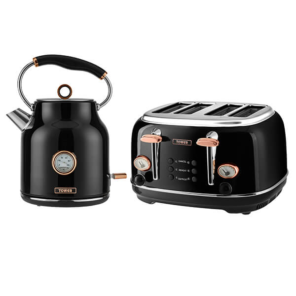 Rose gold kettle with a black finish and a wooden handle alongside a black 4-slice toaster featuring rose gold accents and dials, both by Tower.