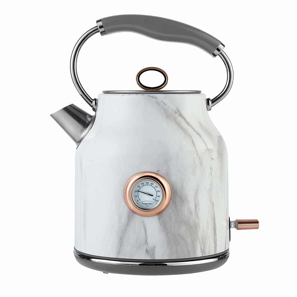 Stainless steel kettle with a marble finish, 1.7L capacity, 3kW power, featuring a copper gauge, a grey handle, and a sleek spout design.