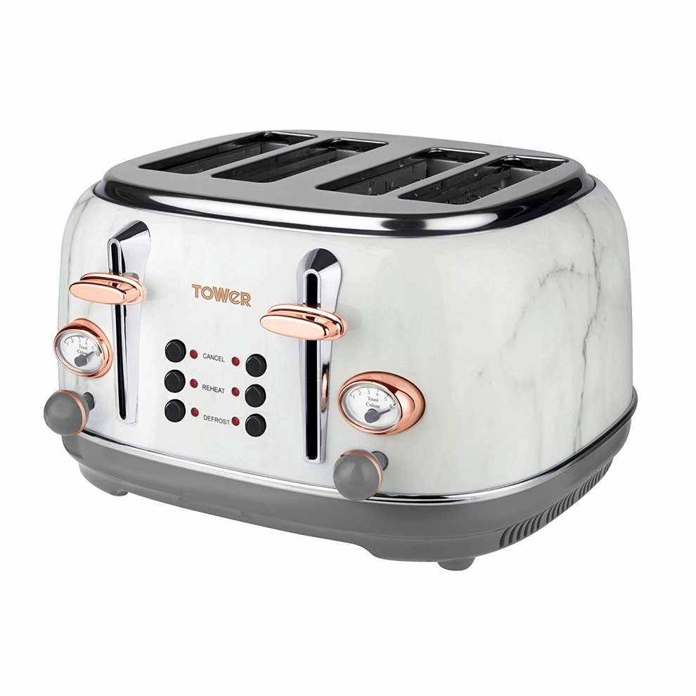 Stainless steel 4-slice toaster in a marble finish with rose gold accents, featuring dual control dials, cancel and reheat buttons, and a sleek design.