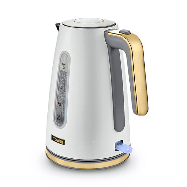 Optic white kettle with champagne accents, featuring a sleek design, a transparent water gauge, and a blue water indicator, made by Tower with a 1.7L capacity and 3KW power.