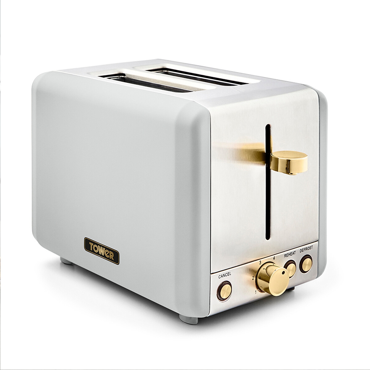 White stainless steel toaster with a sleek design, featuring a gold lever and knobs, two slots for bread, and a cancel button for easy operation.