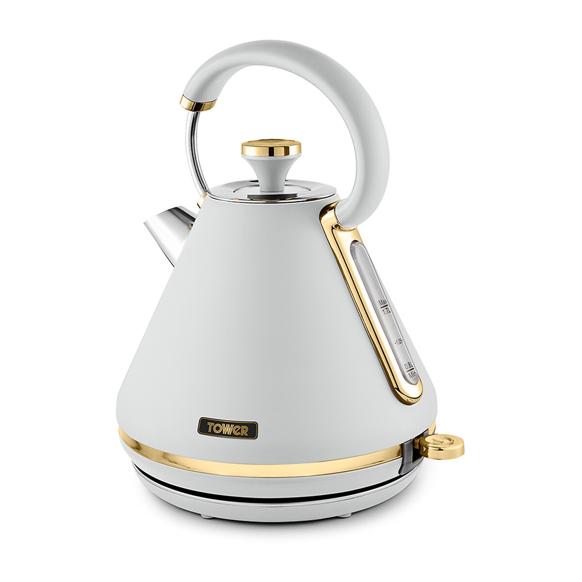 White pyramid kettle with a gold accent, featuring a transparent water level indicator, a stainless steel spout, and a stylish handle, designed by Tower with a 1.7-litre capacity.
