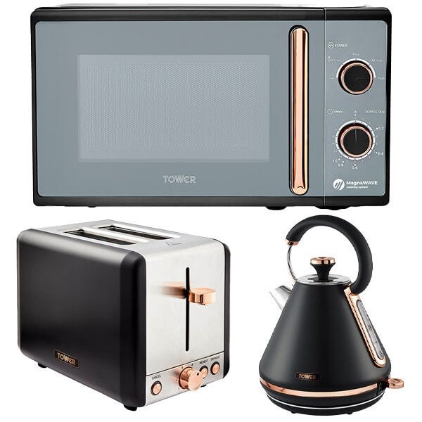 Black pyramid kettle, silver toaster, and black microwave with rose gold accents, featuring sleek designs and user-friendly controls.