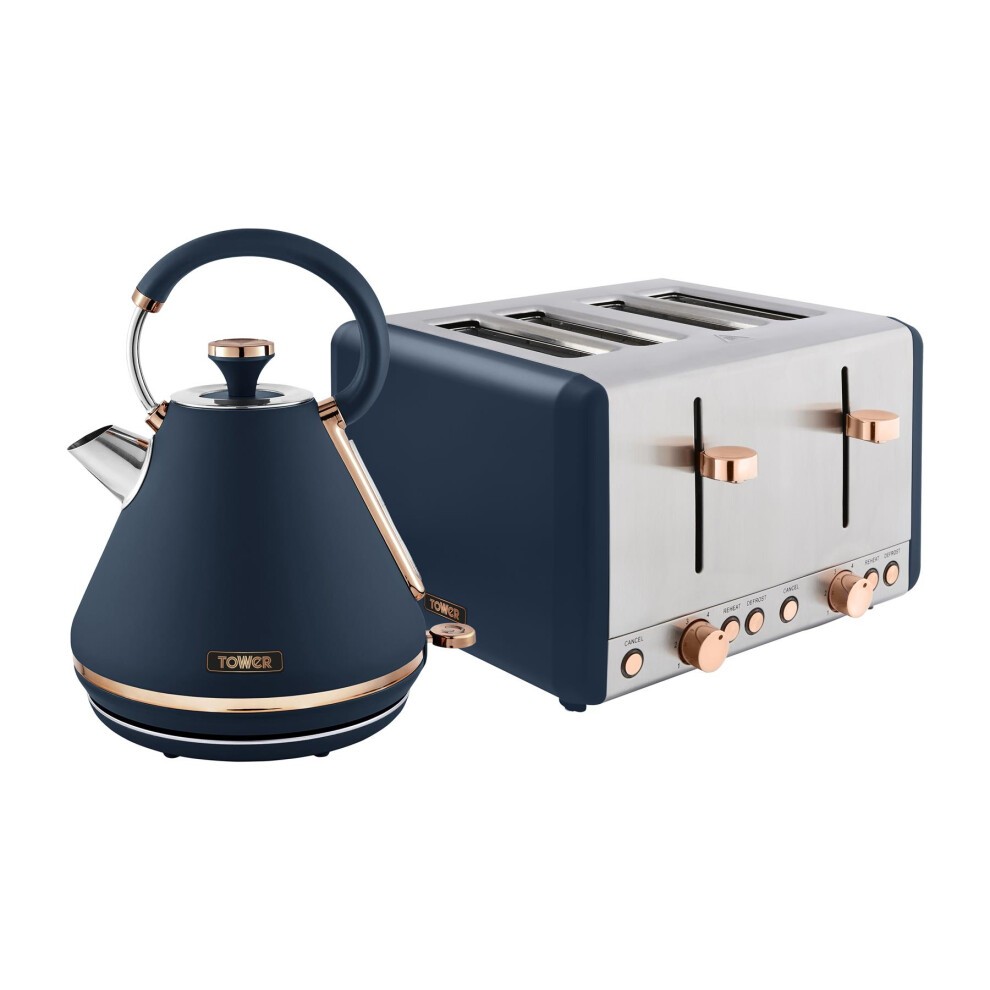 Midnight blue kettle with a sleek design and rose gold accents alongside a matching four-slice toaster featuring stainless steel and rose gold knobs.
