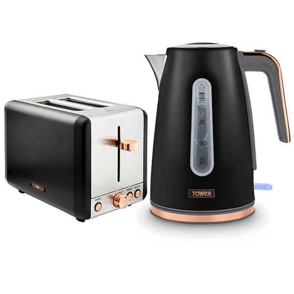 Black jug kettle and two-slice toaster set by Tower, featuring a sleek design with rose gold accents, a water level indicator on the kettle, and a chrome toaster with a dial.