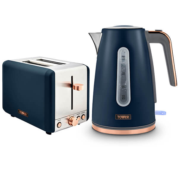 Midnight blue kettle with a stainless steel spout and a clear water level indicator, paired with a matching toaster featuring a copper knob and a sleek design.