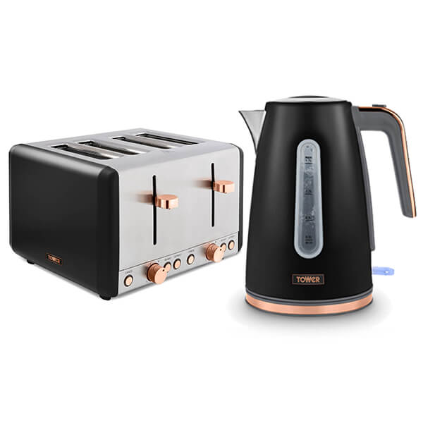 Black jug kettle and silver 4-slice toaster set by Tower, featuring rose gold accents, a transparent water gauge, and two control knobs on the toaster.