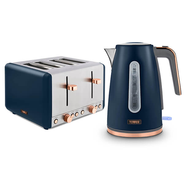 Midnight blue kettle and four-slice toaster set with copper accents, featuring a sleek design and clear water level indicator on the kettle.