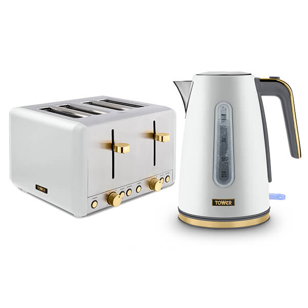 Optic white kettle and 4-slice toaster set by Tower, featuring gold accents, sleek design, and clear water level indicator on the kettle.