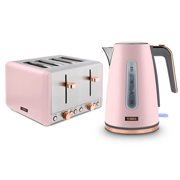 Pink kettle with a stainless steel base and transparent water gauge alongside a matching pink 4-slice toaster with chrome accents and control knobs.
