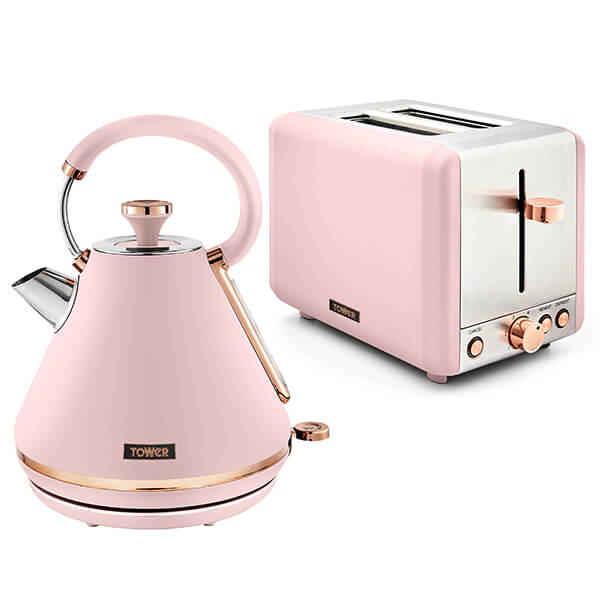 Pink Tower Cavaletto pyramid kettle with a stainless steel spout and a matching two-slice toaster featuring rose gold accents and a sleek design.