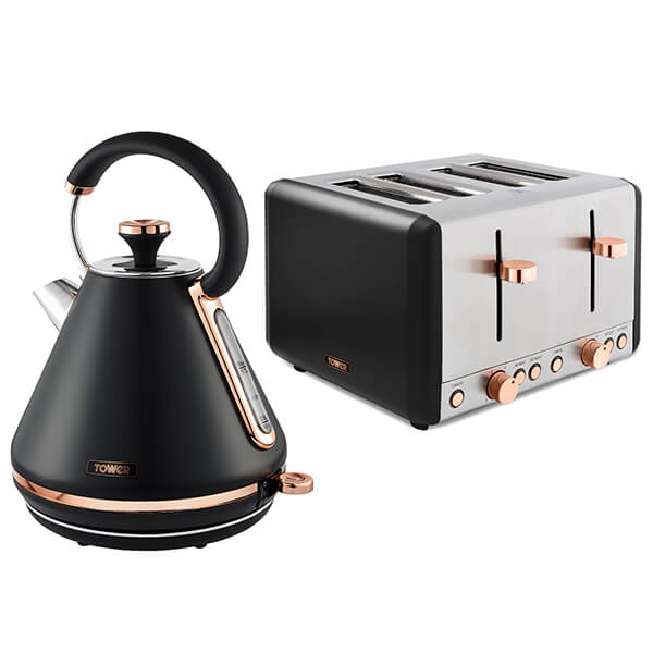 Black pyramid kettle with a rose gold handle and a stainless steel 4-slice toaster with rose gold knobs, both featuring a sleek, modern design.